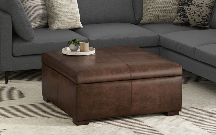 Distressed Chestnut Brown Distressed Vegan Leather | Gabbie Square Coffee Table Storage Ottoman