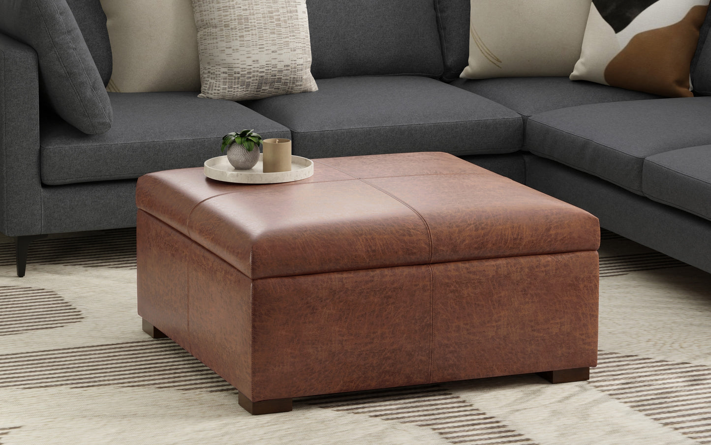 Distressed Saddle Brown Distressed Vegan Leather | Gabbie Square Coffee Table Storage Ottoman