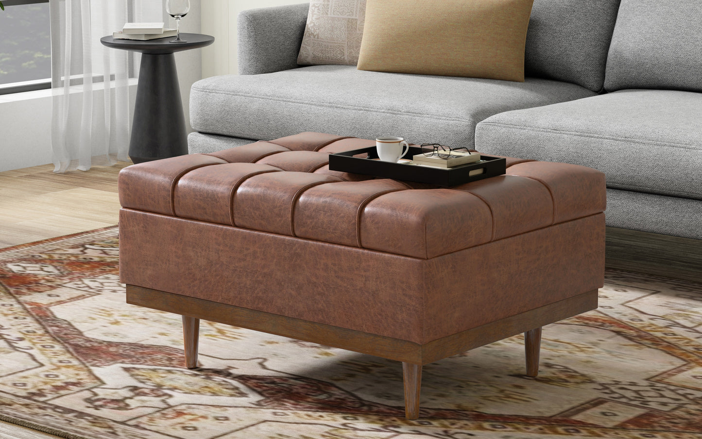 Distressed Saddle Brown Distressed Vegan Leather | Mariah Coffee Table Storage Ottoman