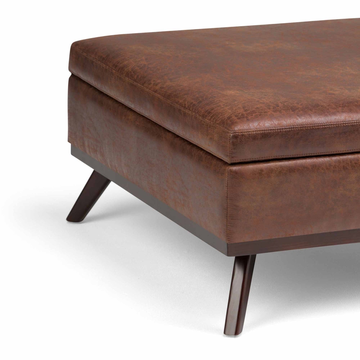 Distressed Saddle Brown Distressed Vegan Leather | Owen Coffee Table Ottoman with Storage