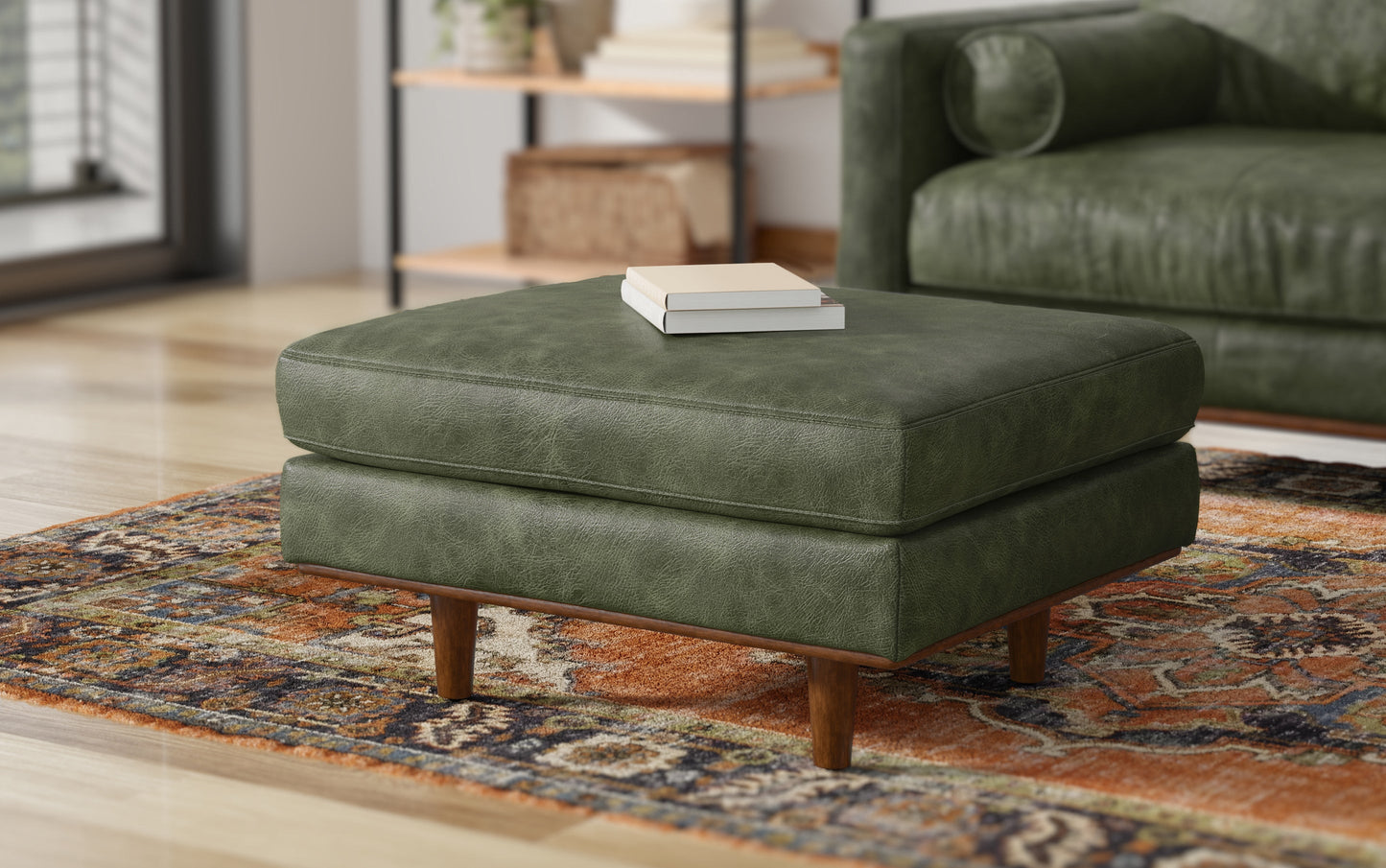 Moss Green Genuine Top Grain Leather | Morrison Ottoman in Genuine Top Grain Leather