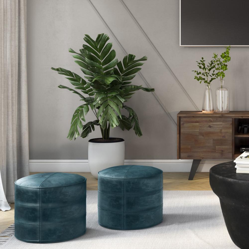 Distressed Teal Blue | Connor Round Leather Pouf