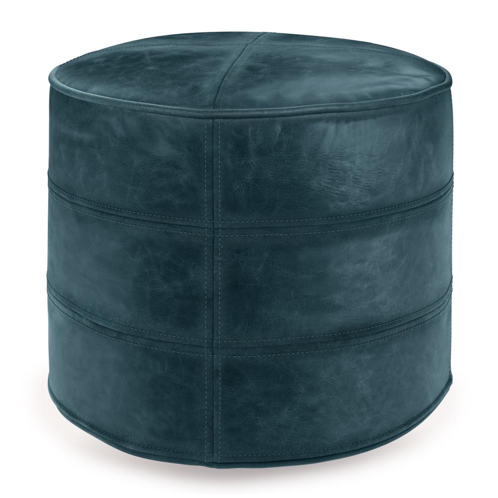 Distressed Teal Blue | Connor Round Leather Pouf