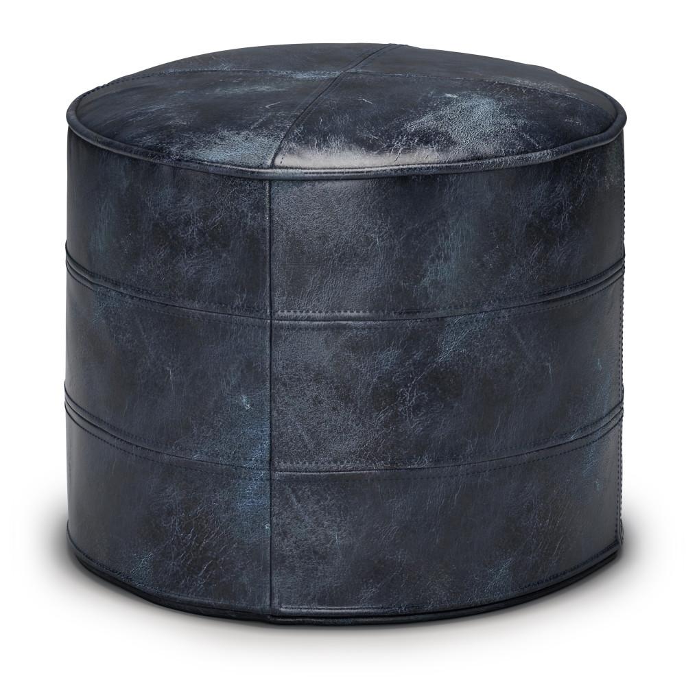 Distressed Navy Blue | Connor Round Leather Pouf