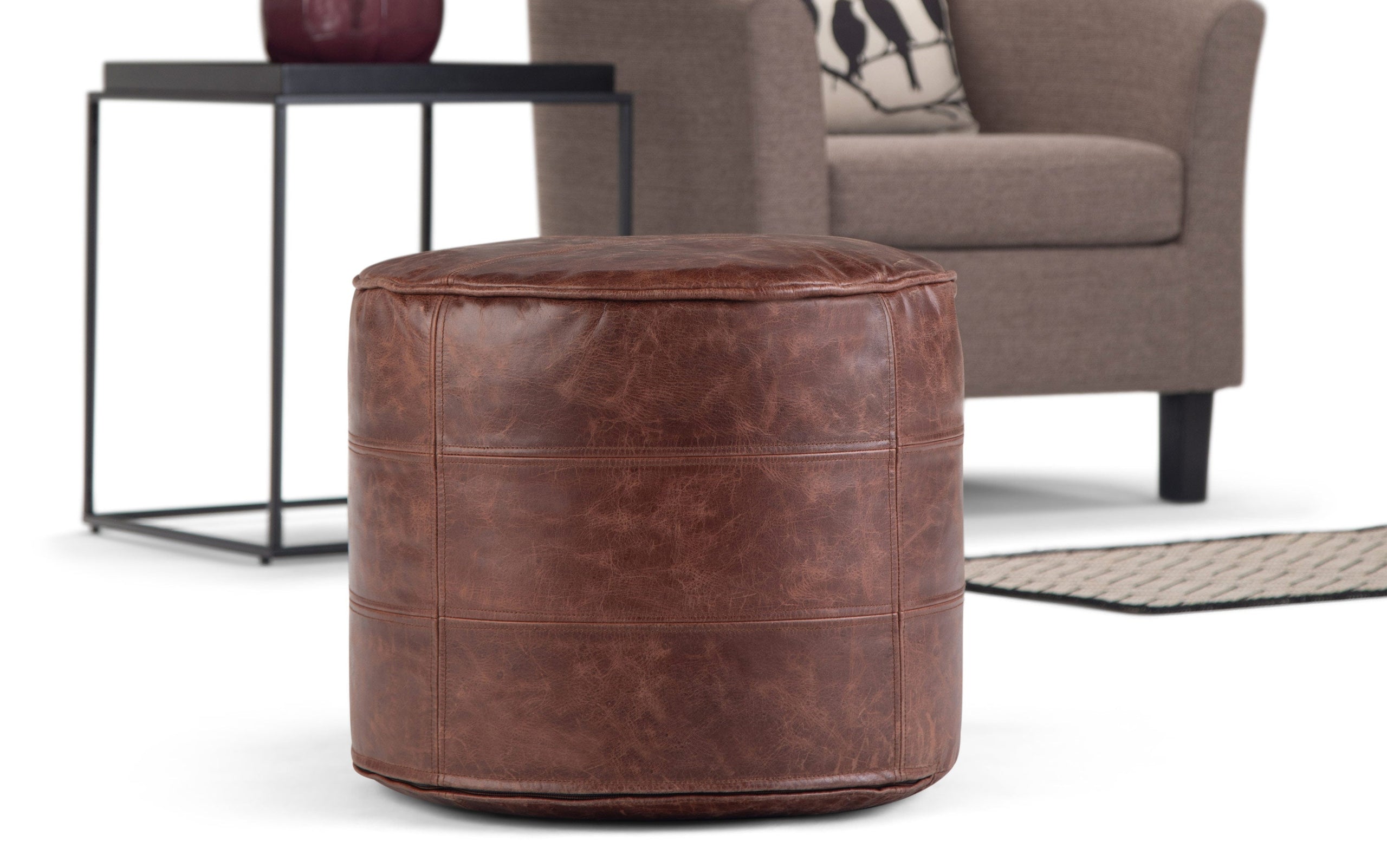 Distressed Brown | Connor Round Leather Pouf