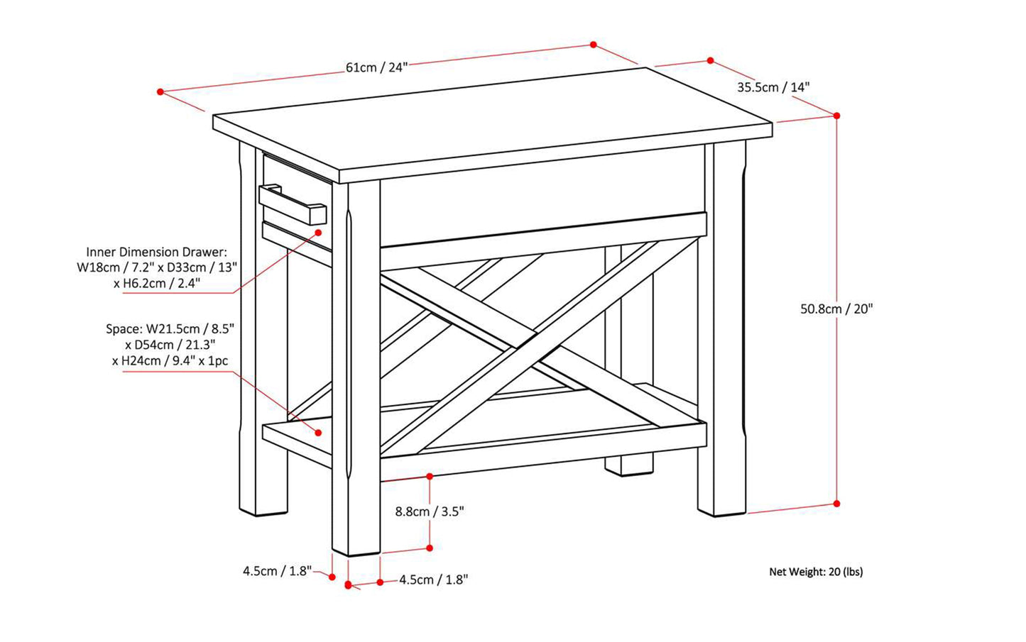 Kitchener Narrow End Table in Pine