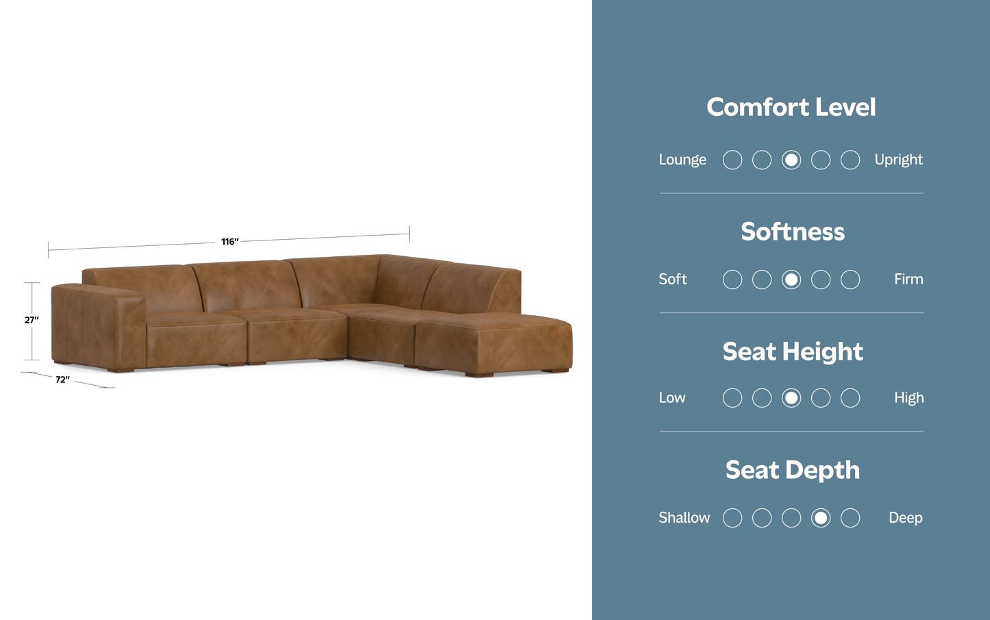 Caramel Brown Genuine Leather | Rex Right Sectional and Ottoman in Genuine Leather