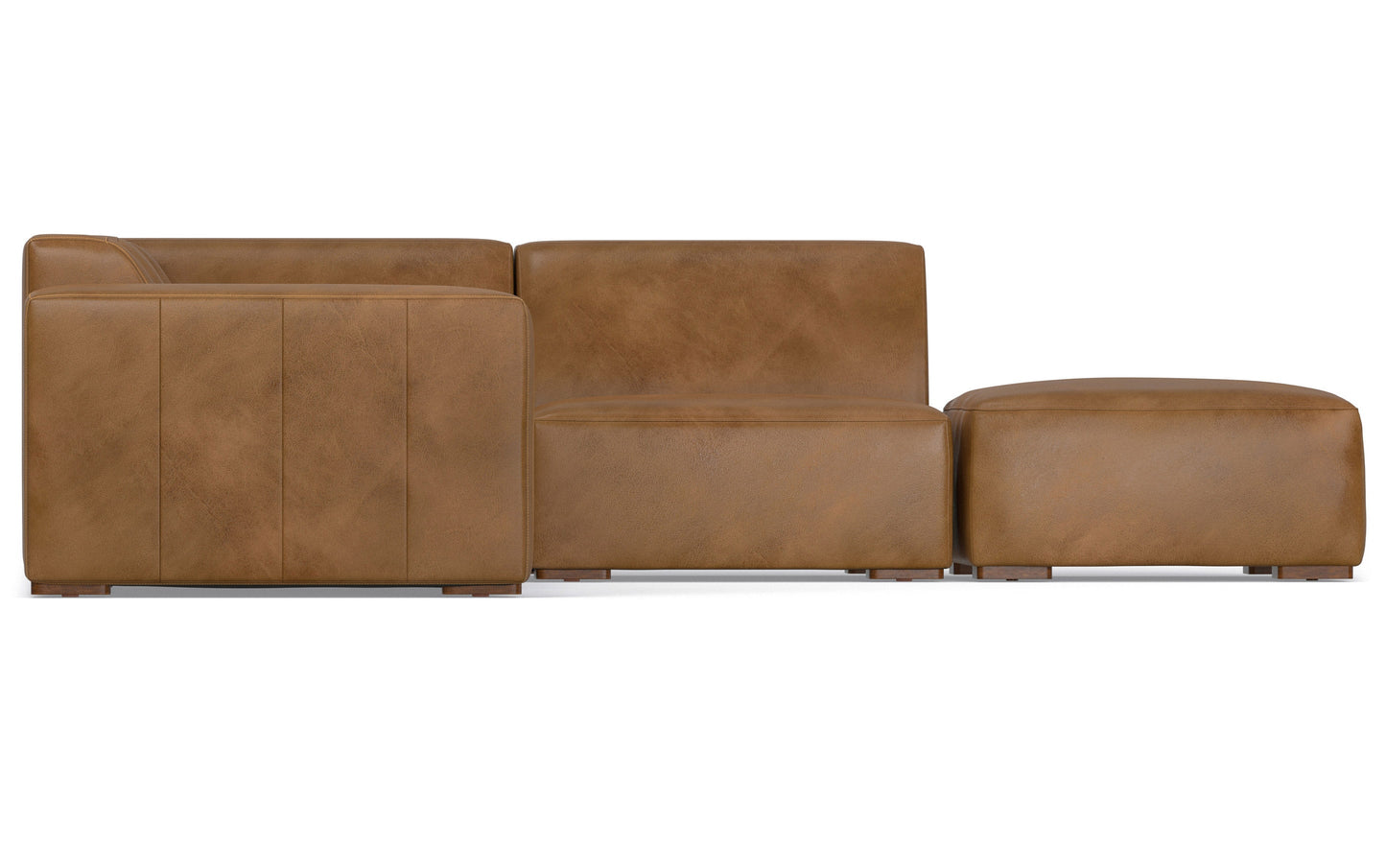 Caramel Brown Genuine Leather | Rex Right Sectional and Ottoman in Genuine Leather