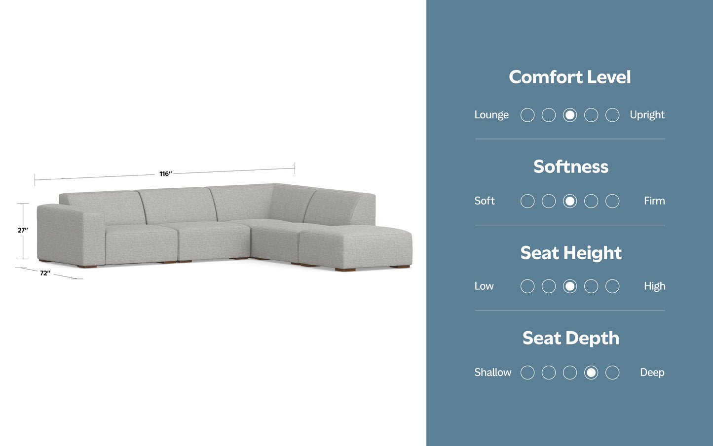 Pale Grey Performance Fabric | Rex Right Sectional and Ottoman Performance Fabric