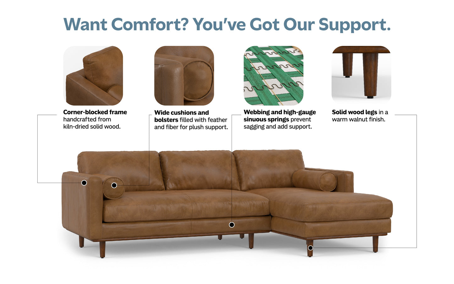 Caramel Brown Genuine Top Grain Leather | Morrison Mid Century Sectional in Genuine Leather