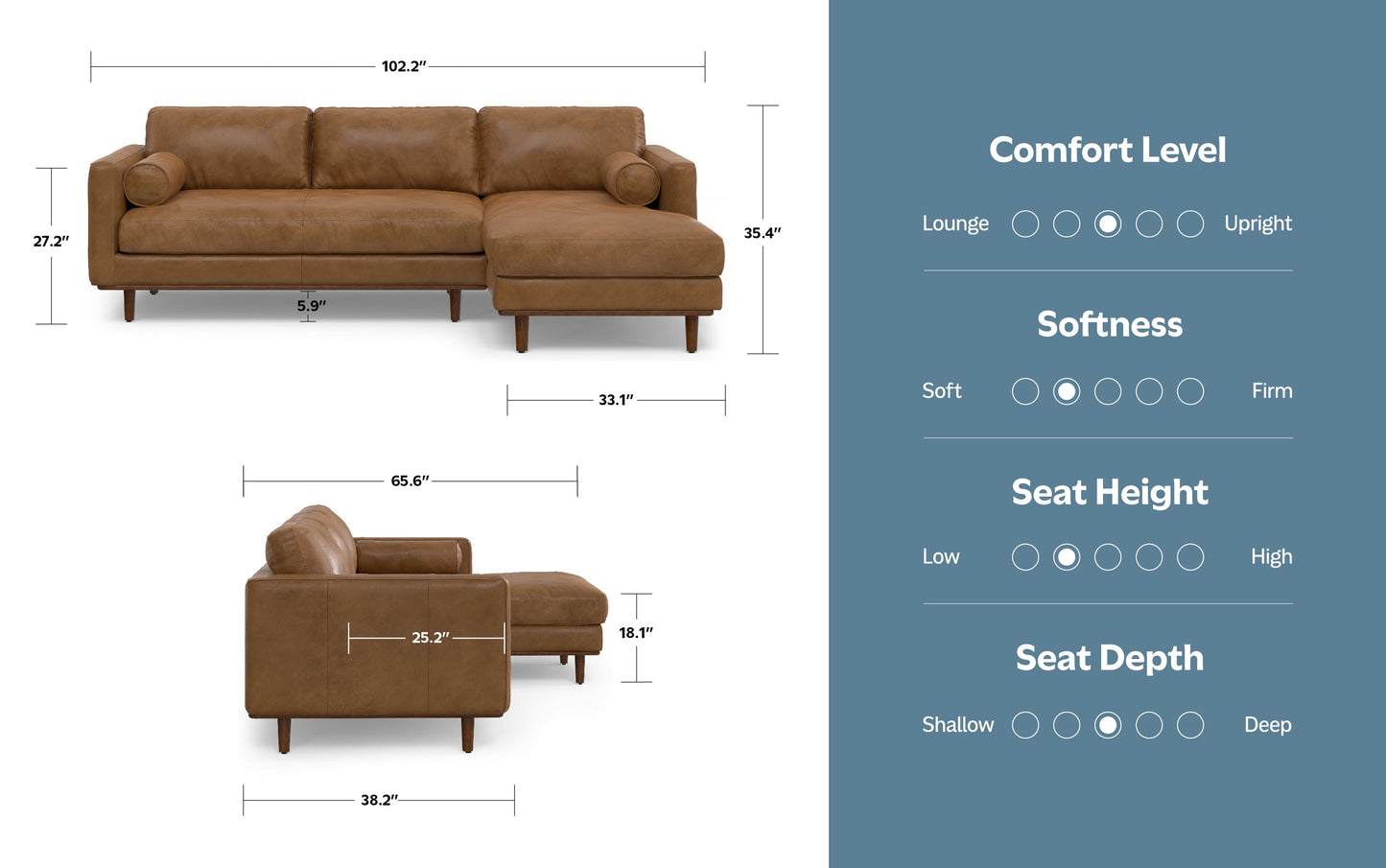 Caramel Brown Genuine Top Grain Leather | Morrison Mid Century Sectional in Genuine Leather