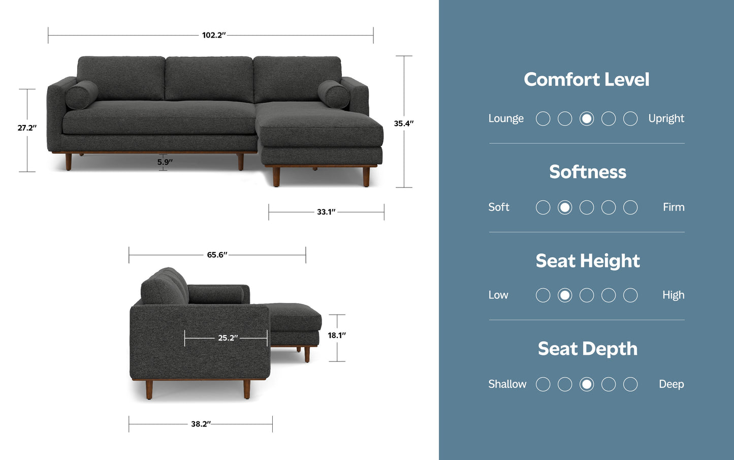 Charcoal Grey Woven-Blend Fabric | Morrison Mid Century Sectional