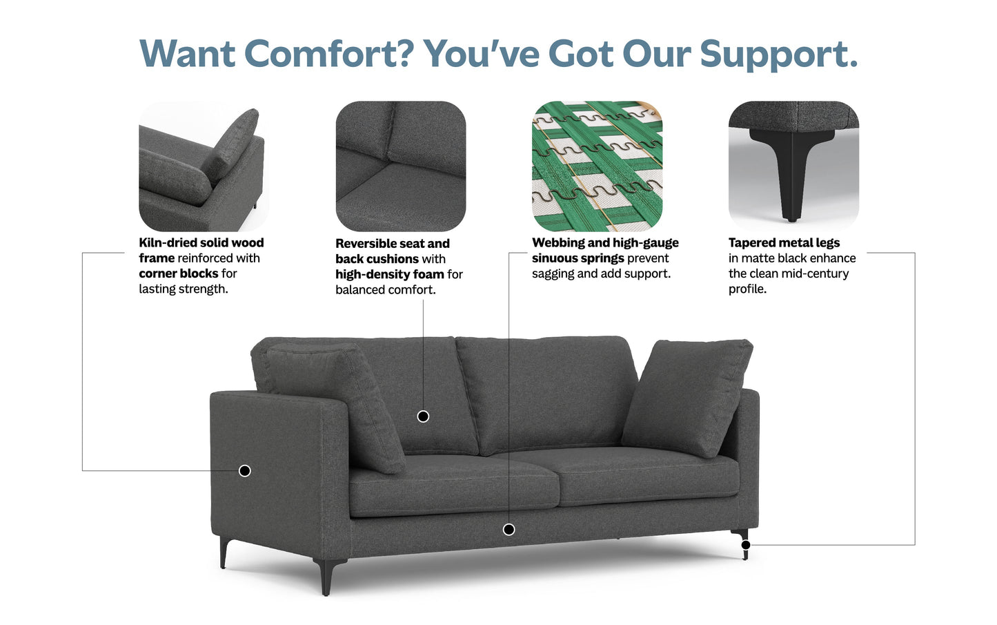 Pebble Grey Performance Fabric | Ava 76 inch Mid Century Sofa