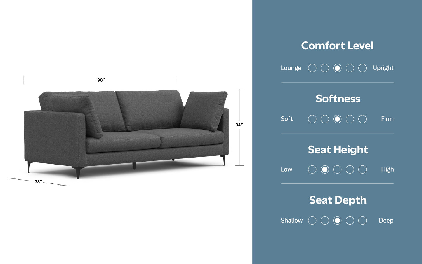 Pebble Grey | Ava 90 inch Mid Century Sofa
