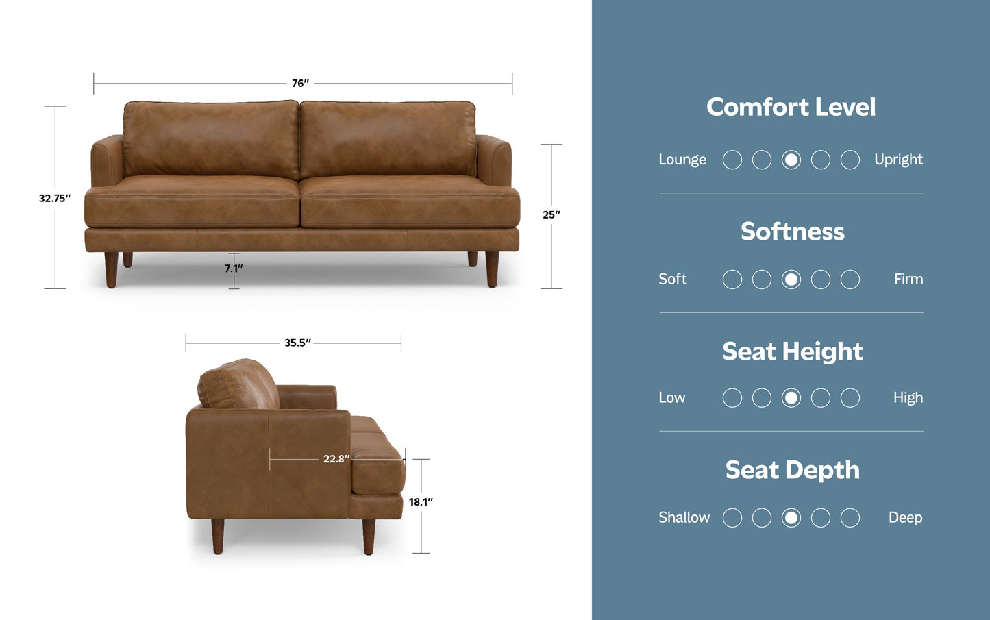 Caramel Brown Genuine Top Grain Leather | Livingston 76 inch Mid Century Sofa in Genuine Leather