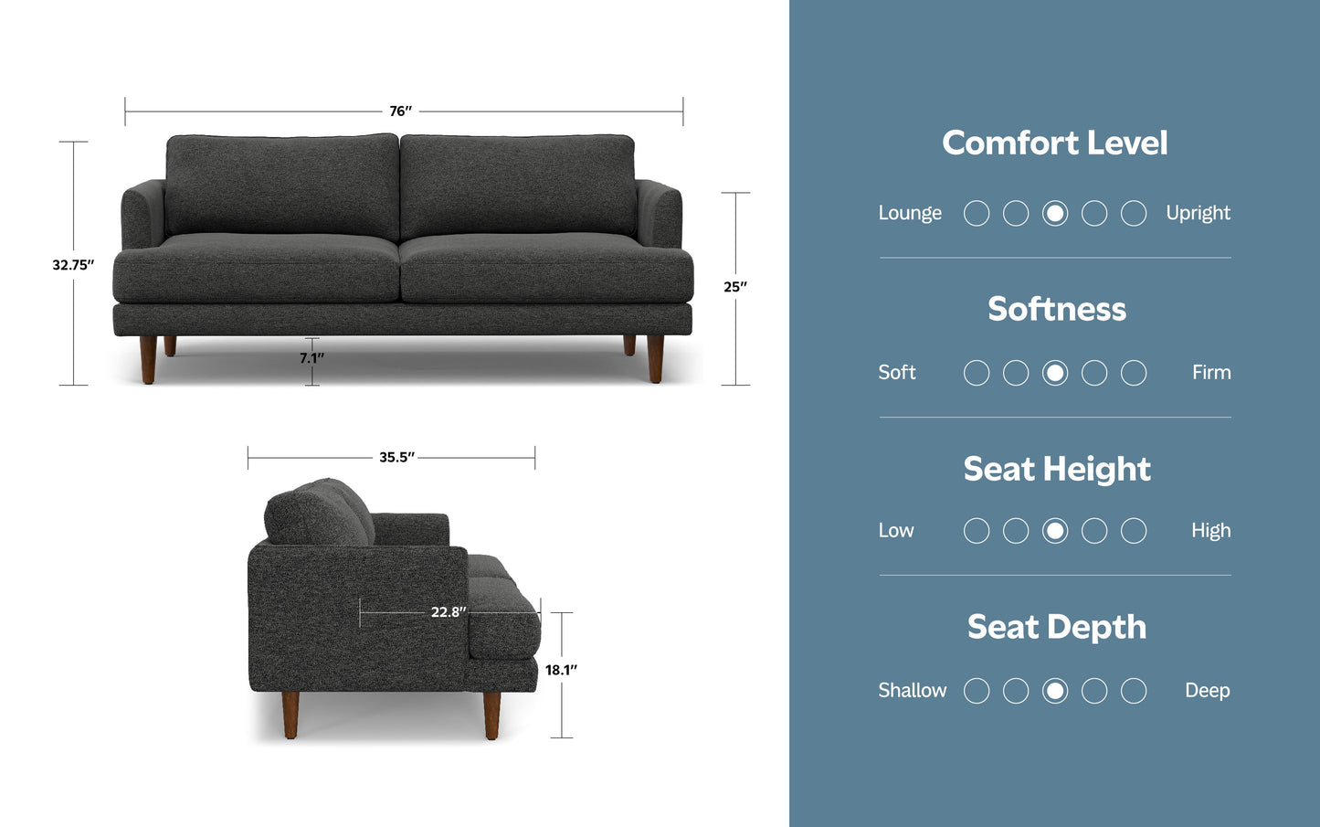 Charcoal Grey Woven-Blend Fabric | Livingston 76 inch Mid Century Sofa