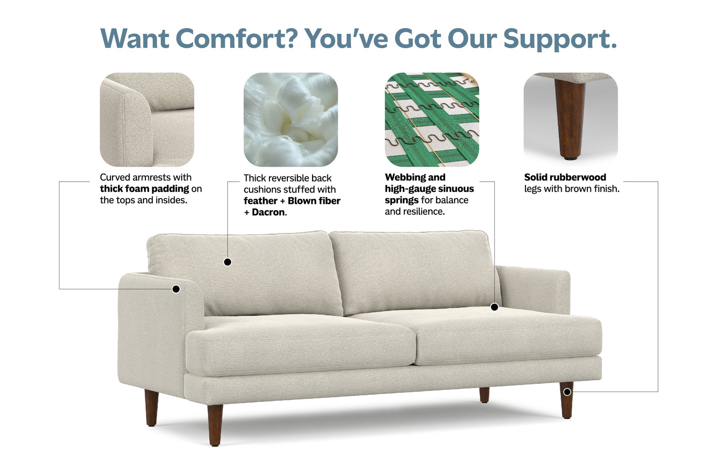 Cream White Woven-Blend Fabric | Livingston 76 inch Mid Century Sofa