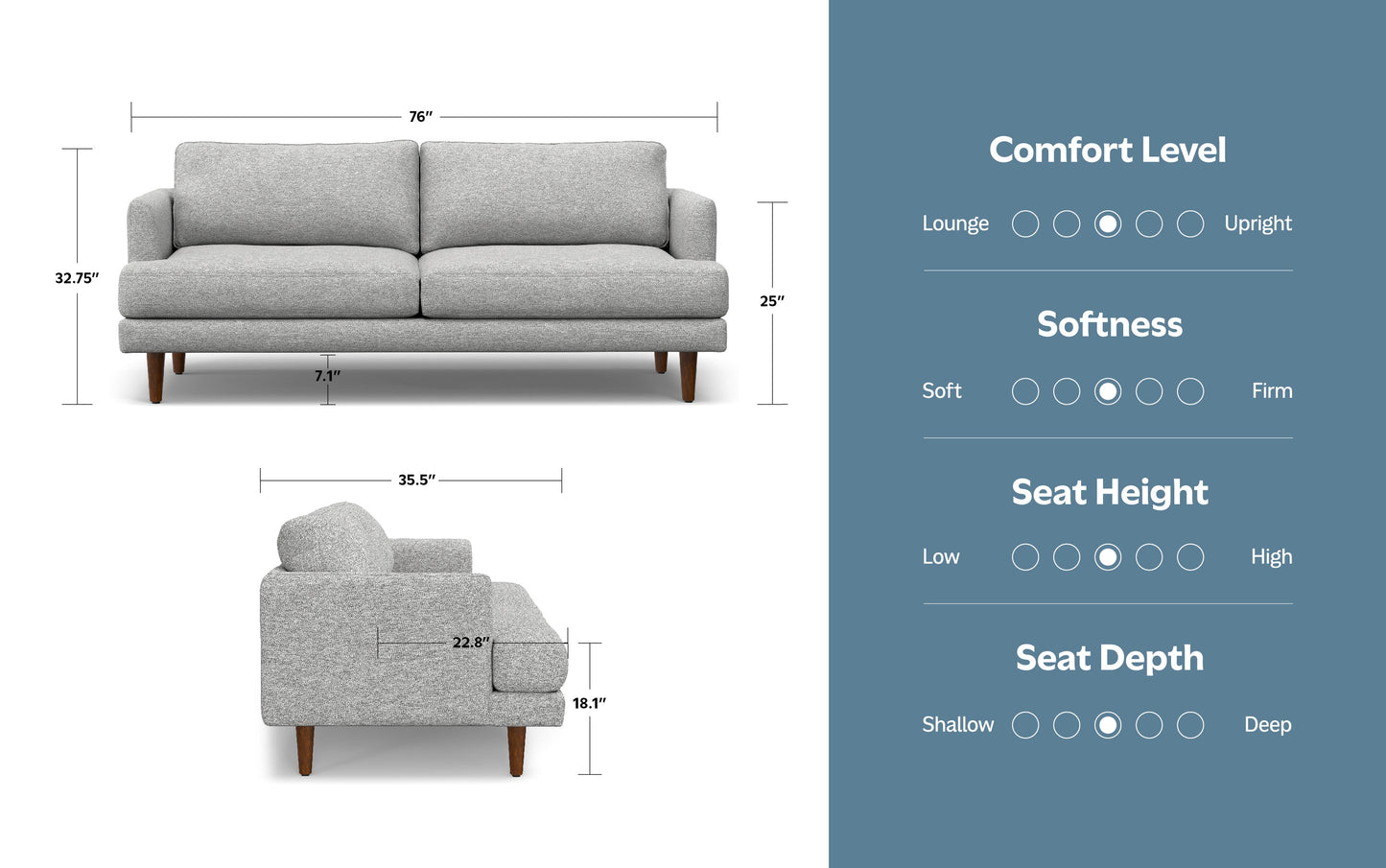 Mist Grey Woven-Blend Fabric | Livingston 76 inch Mid Century Sofa