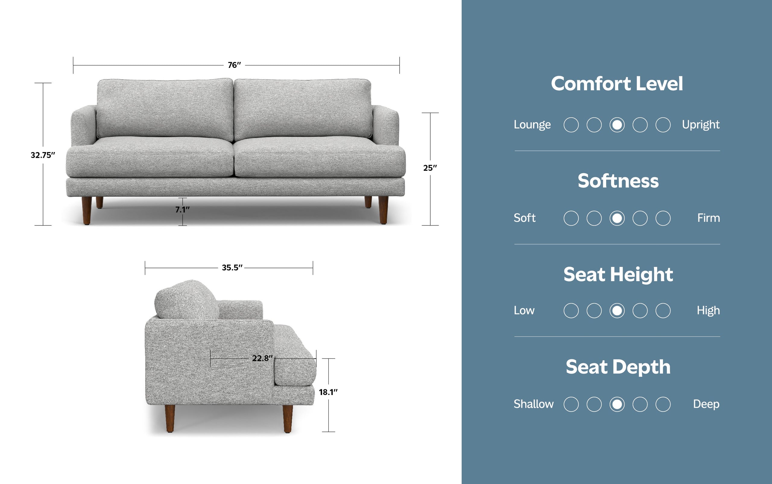 Mist Grey Woven-Blend Fabric | Livingston 76 inch Mid Century Sofa