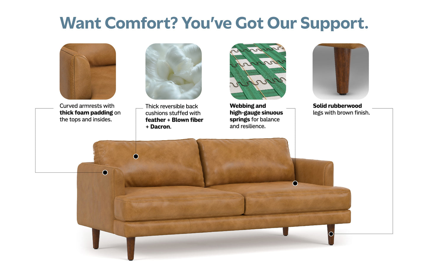 Sienna Genuine Top Grain Leather | Livingston 76 inch Mid Century Sofa in Genuine Leather