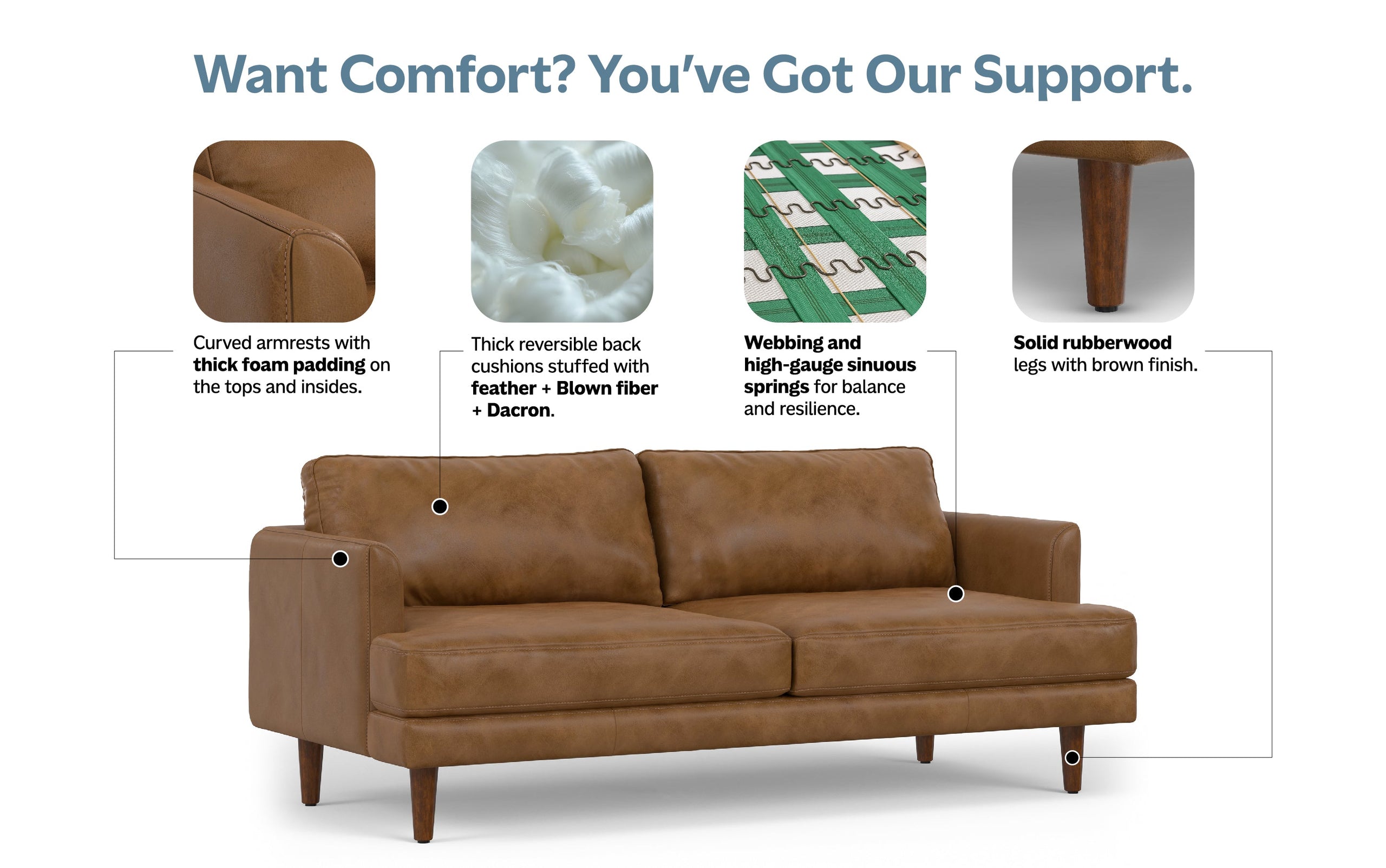 Caramel Brown Genuine Top Grain Leather | Livingston 76 inch Mid Century Sofa in Genuine Leather