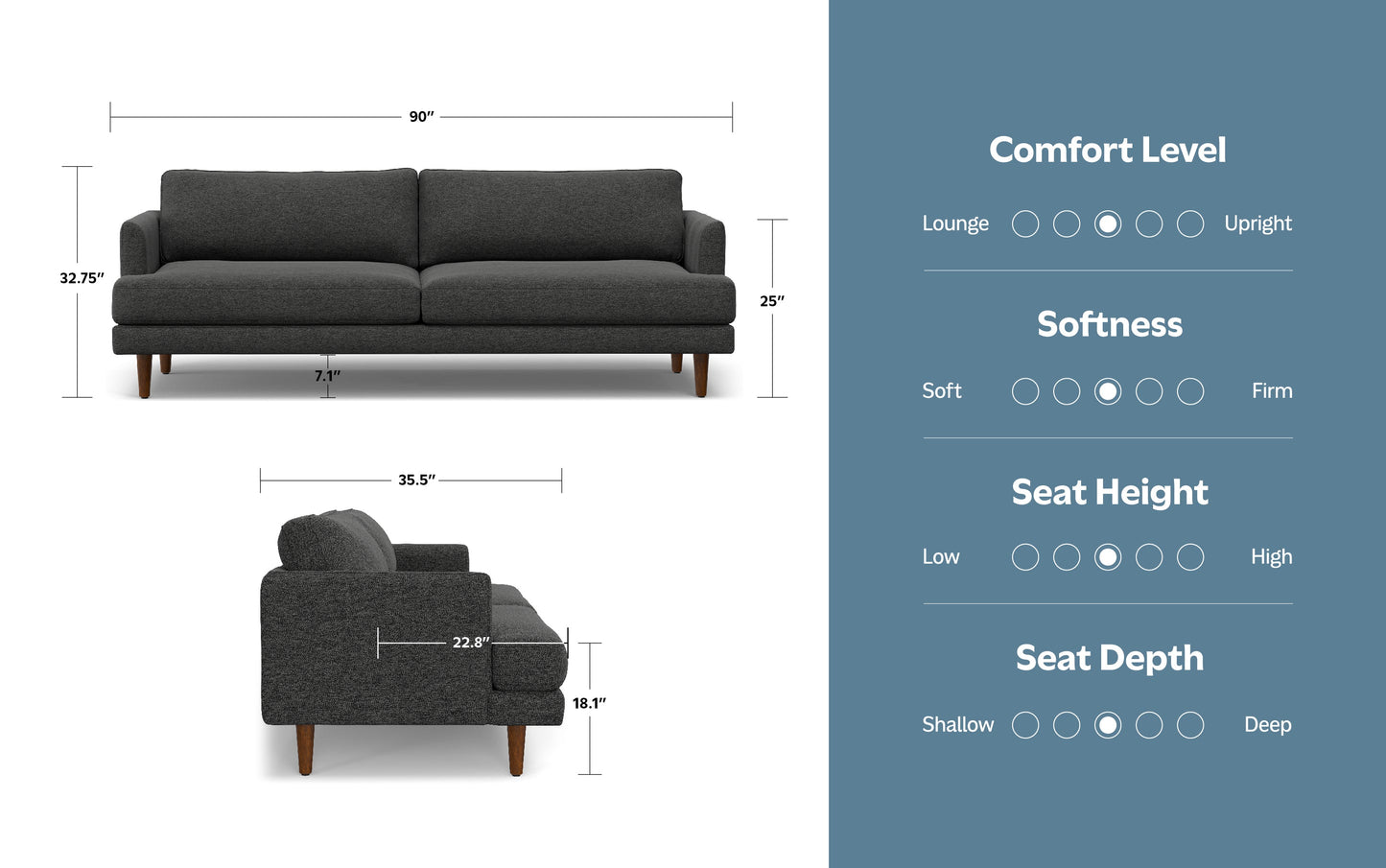 Charcoal Grey Woven-Blend Fabric | Livingston 90 inch Mid Century Sofa