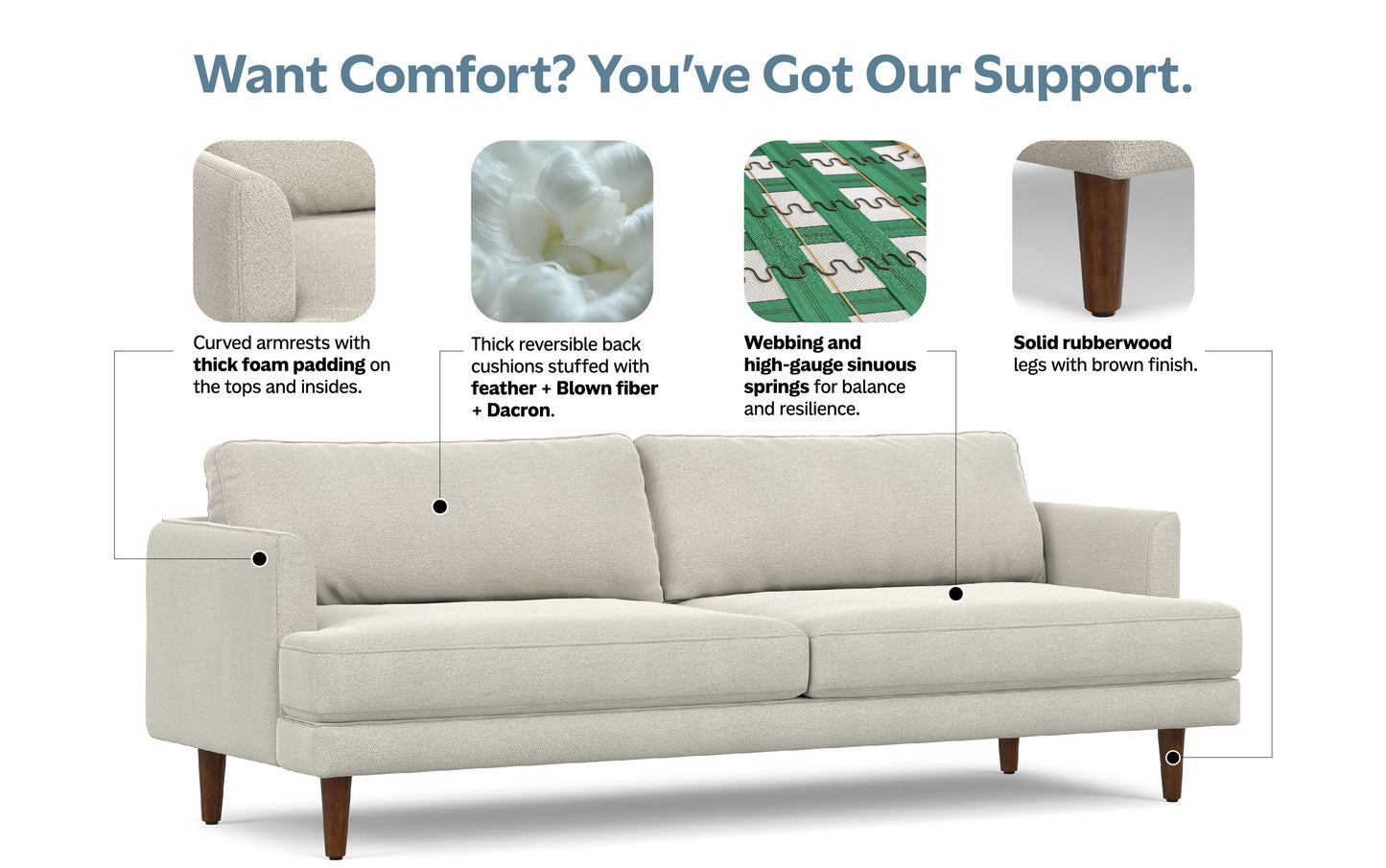 Cream White Woven-Blend Fabric | Livingston 90 inch Mid Century Sofa