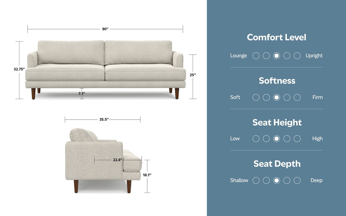 Cream White Woven-Blend Fabric | Livingston 90 inch Mid Century Sofa