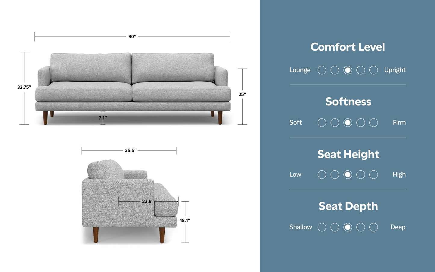 Mist Grey Woven-Blend Fabric | Livingston 90 inch Mid Century Sofa