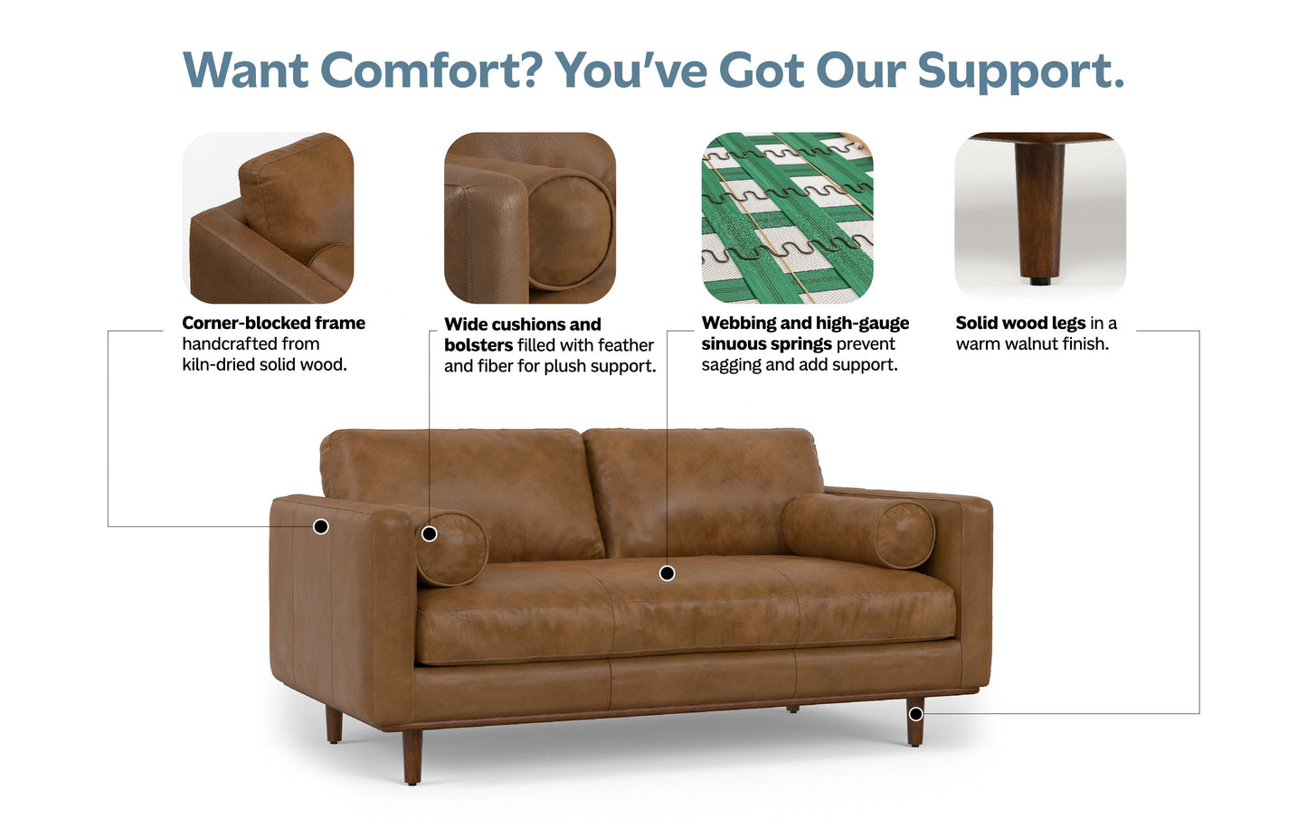 Caramel Brown Genuine Top Grain Leather | Morrison 72 inch Mid Century Sofa in Genuine Leather
