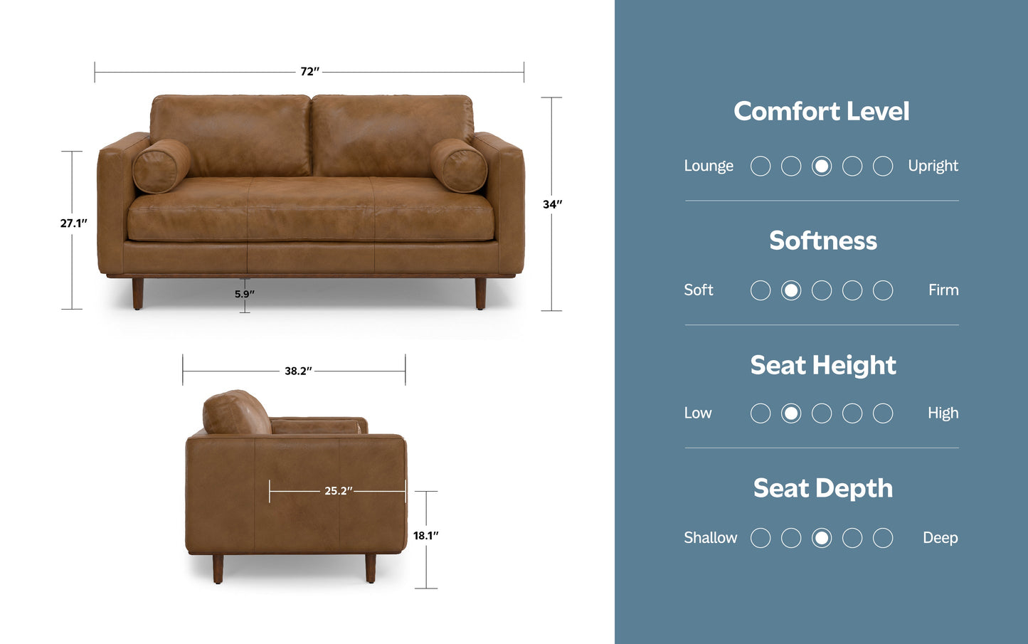 Caramel Brown Genuine Top Grain Leather | Morrison 72 inch Mid Century Sofa in Genuine Leather
