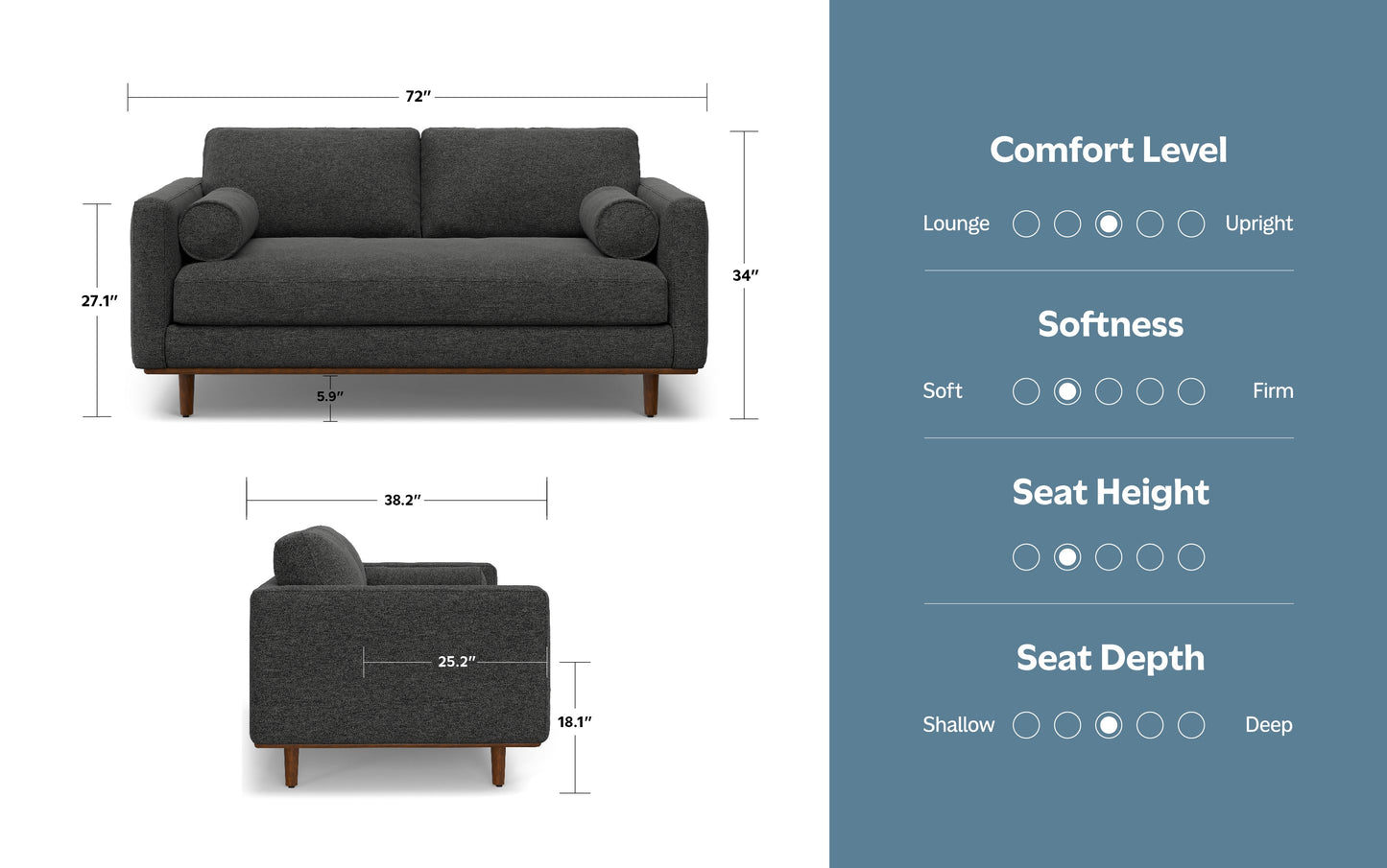 Charcoal Grey Woven-Blend Fabric | Morrison 72 inch Mid Century Sofa