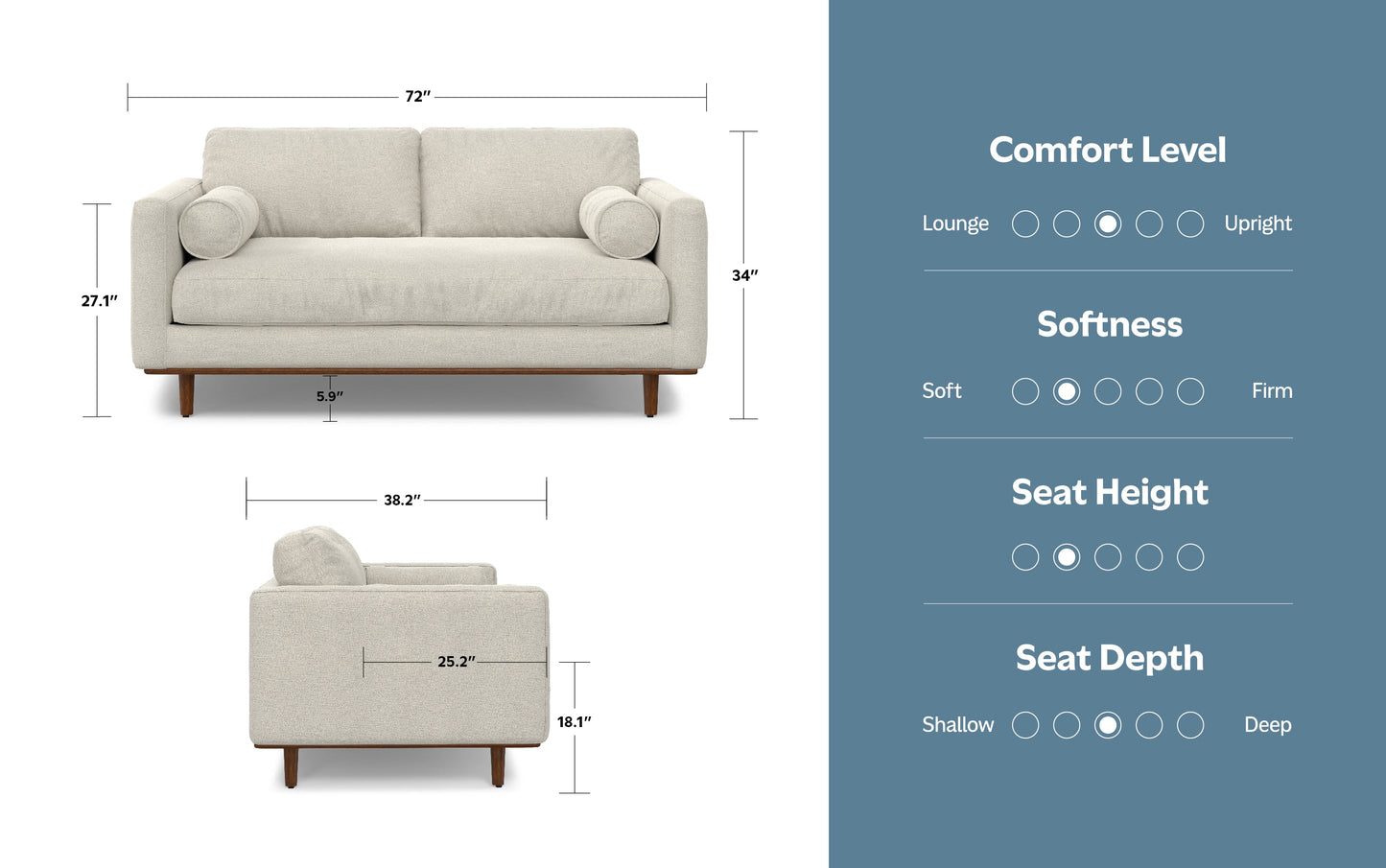 Cream White Woven-Blend Fabric | Morrison 72 inch Mid Century Sofa