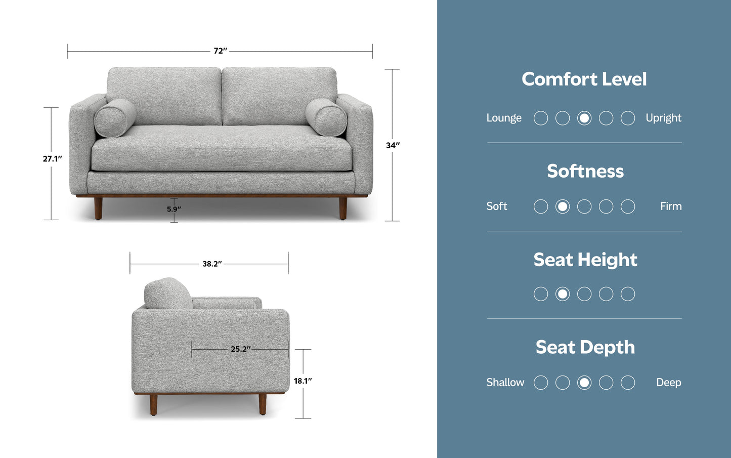 Mist Grey Woven-Blend Fabric | Morrison 72 inch Mid Century Sofa