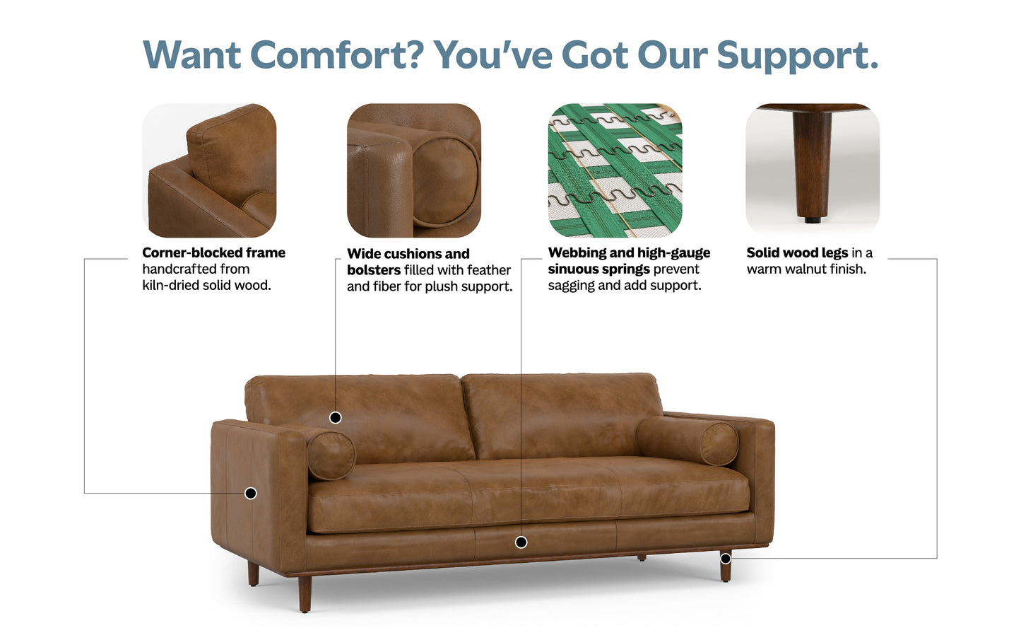 Caramel Brown Genuine Top Grain Leather | Morrison 89 inch Mid Century Sofa Genuine Leather