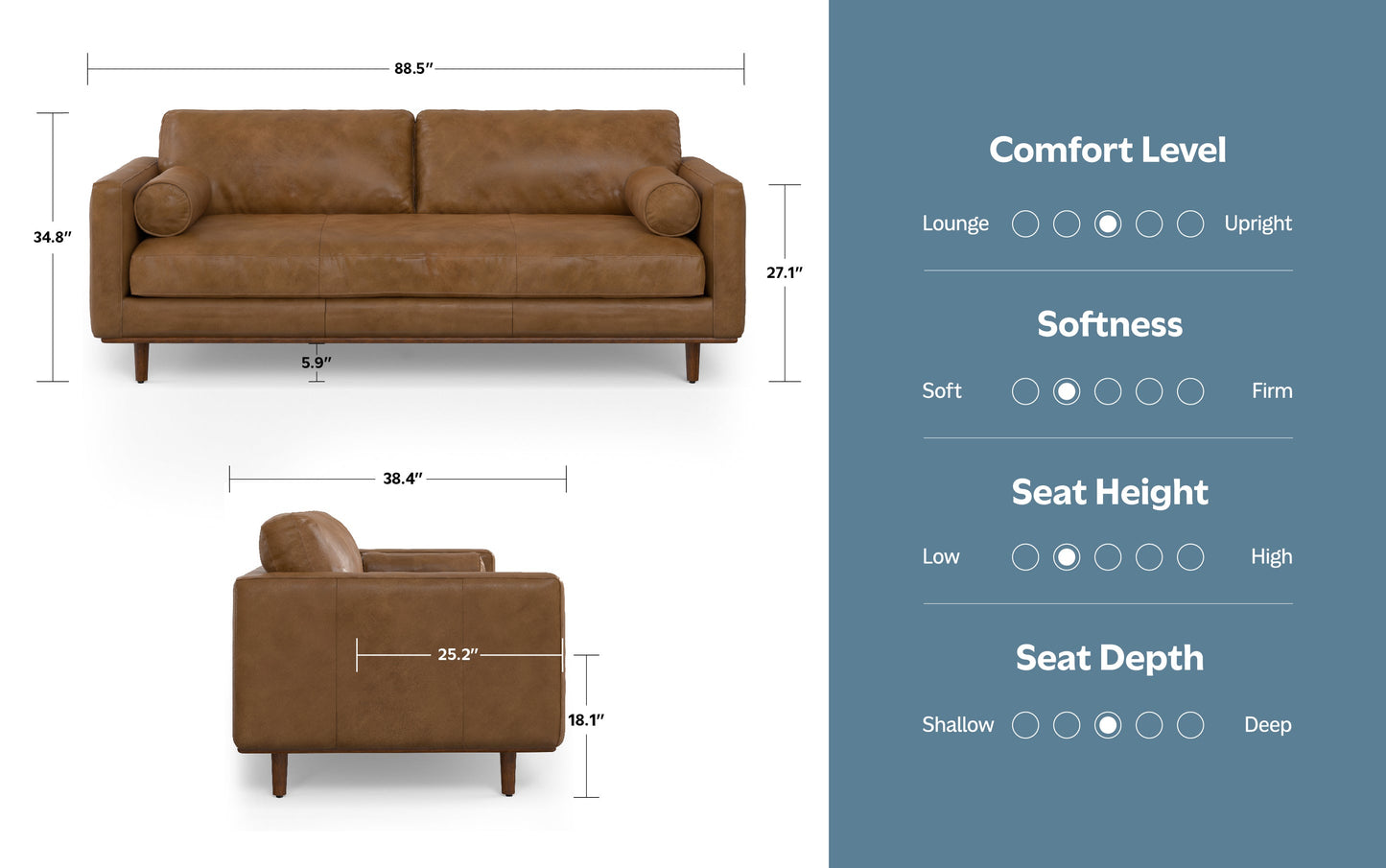 Caramel Brown Genuine Top Grain Leather | Morrison 89 inch Mid Century Sofa Genuine Leather