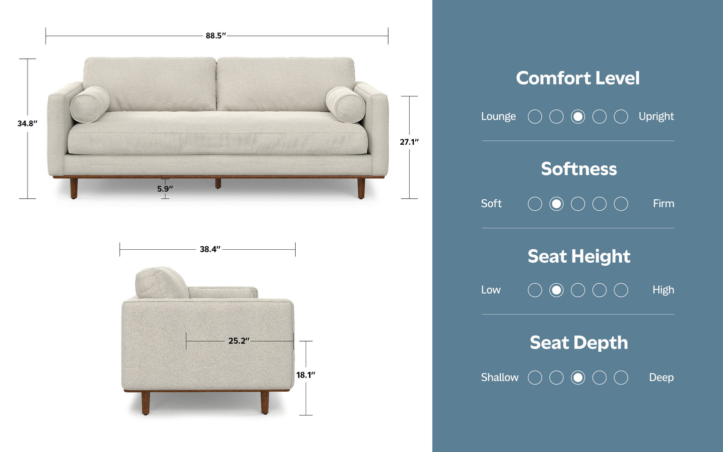 Cream White Woven-Blend Fabric | Morrison 88.5 inch Mid Century Sofa