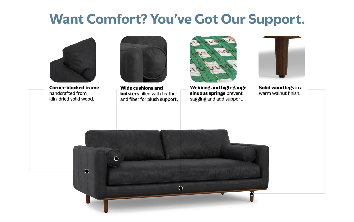 Lead Black Genuine Top Grain Leather | Morrison 89 inch Mid Century Sofa Genuine Leather