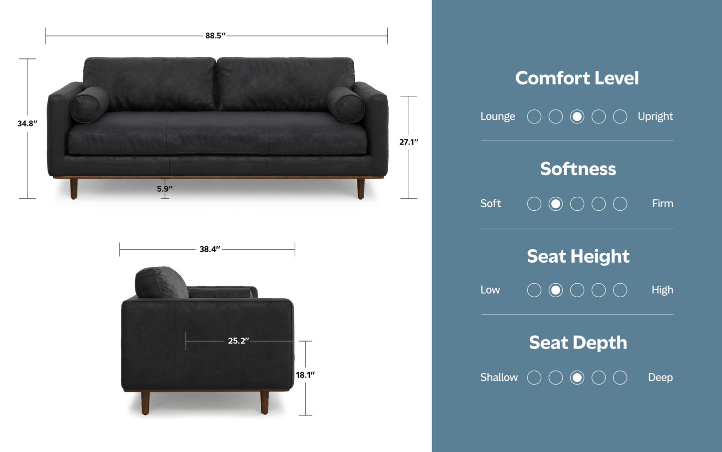 Lead Black Genuine Top Grain Leather | Morrison 89 inch Mid Century Sofa Genuine Leather