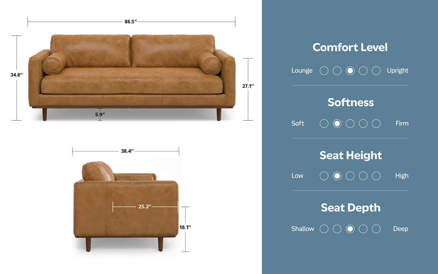 Sienna Genuine Top Grain Leather | Morrison 89 inch Mid Century Sofa Genuine Leather