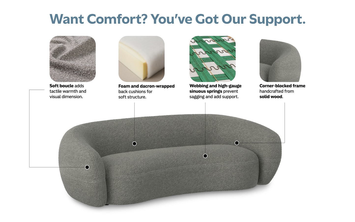 Stone Grey Boucle Performance Fabric | Sherri 89 inch Sofa in Boucle Performance Fabric