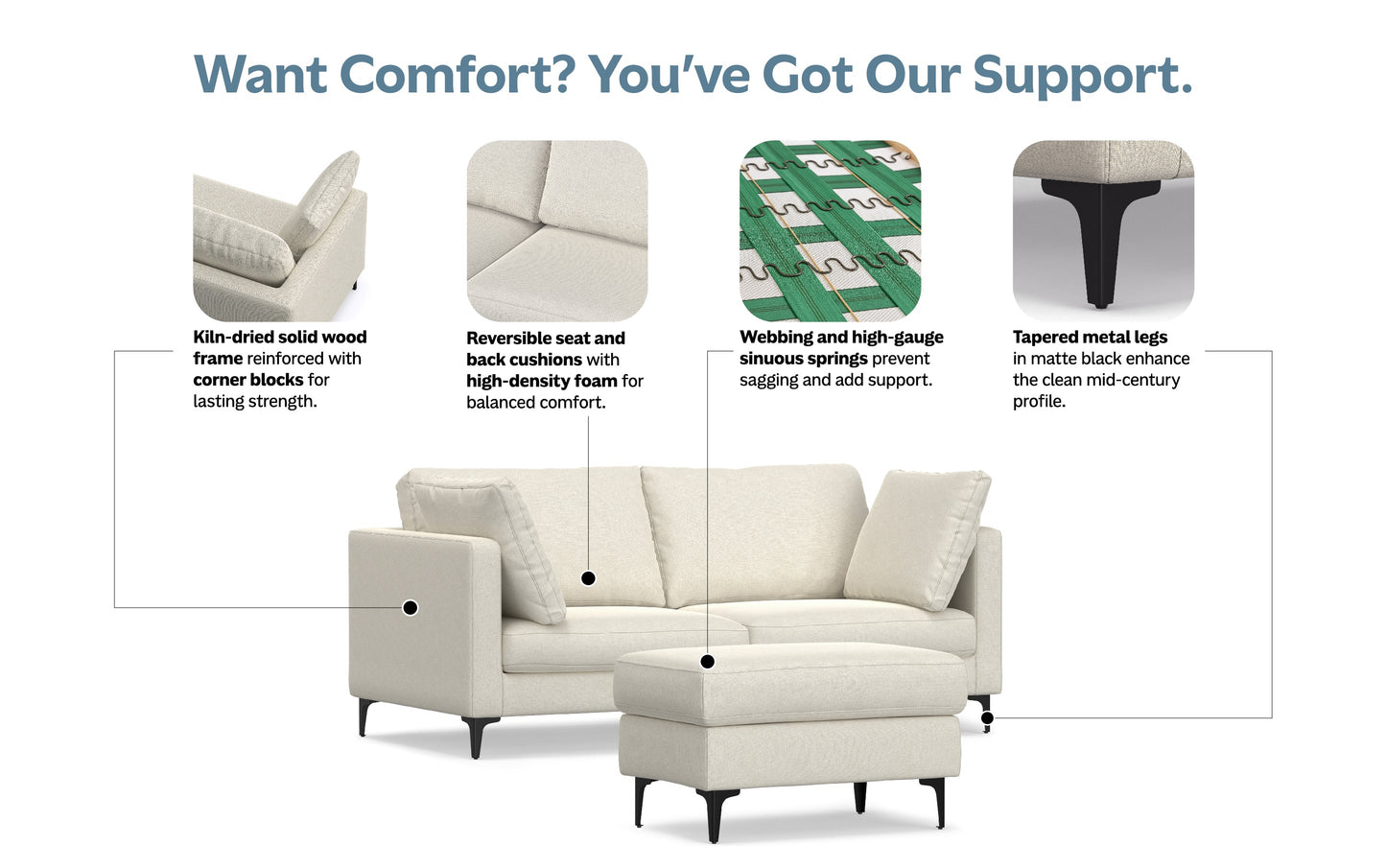Cream Performance Fabric | Ava 76 inch Mid Century Sofa with Ottoman Set
