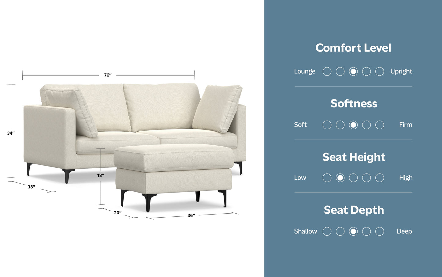 Cream Performance Fabric | Ava 76 inch Mid Century Sofa with Ottoman Set