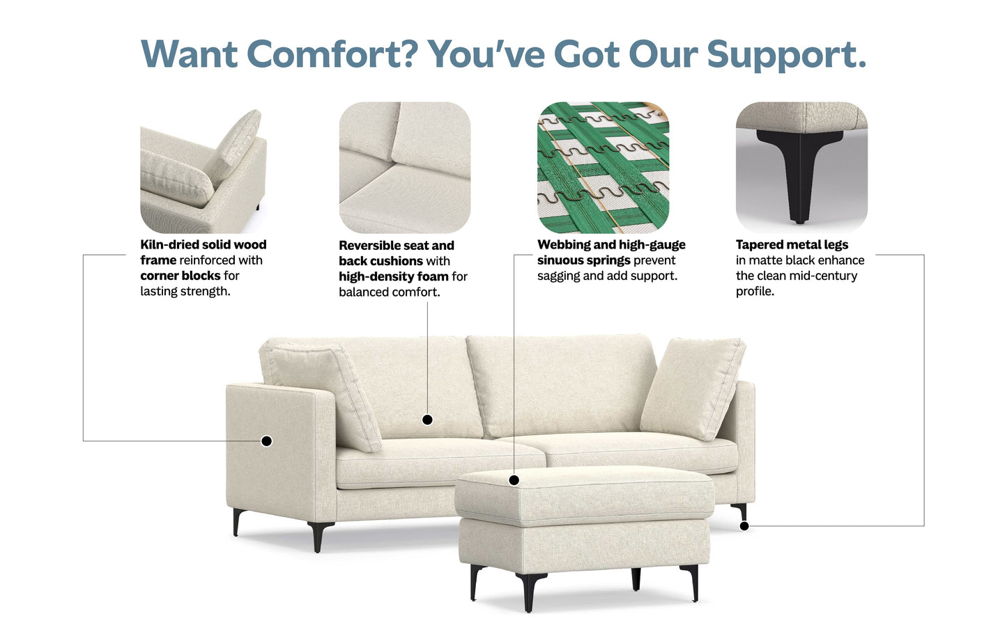 Cream Performance Fabric | Ava 90 inch Mid Century Sofa with Ottoman Set