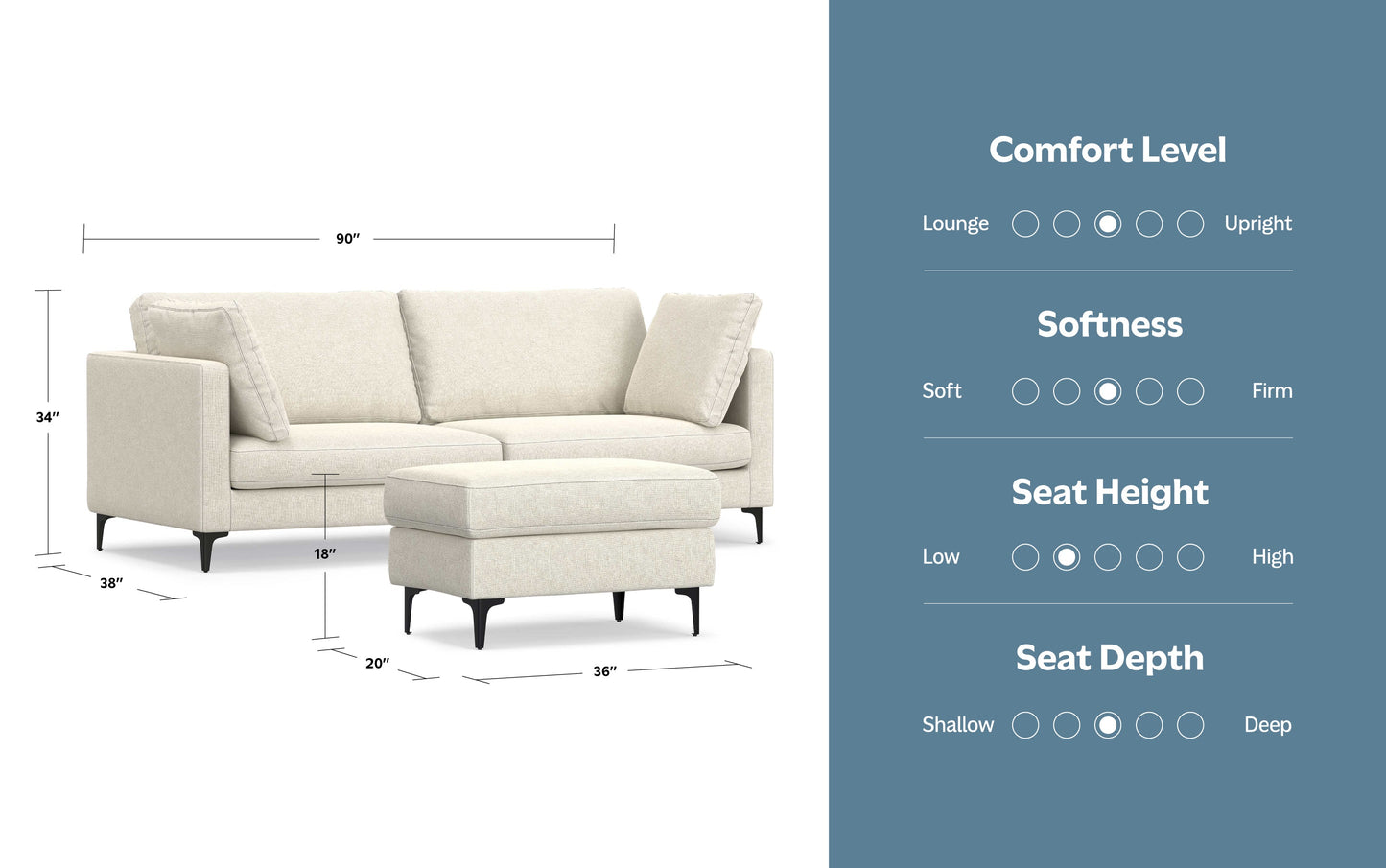Cream Performance Fabric | Ava 90 inch Mid Century Sofa with Ottoman Set