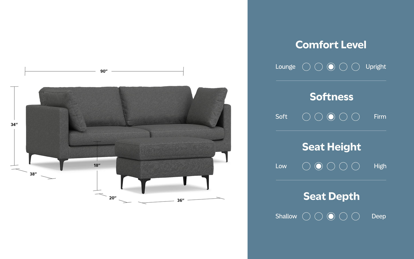 Pebble Grey Performance Fabric | Ava 90 inch Mid Century Sofa with Ottoman Set