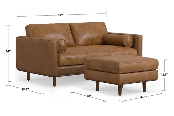 Caramel Brown Genuine Top Grain Leather | Morrison 72-inch Sofa and Ottoman Set in Genuine Leather