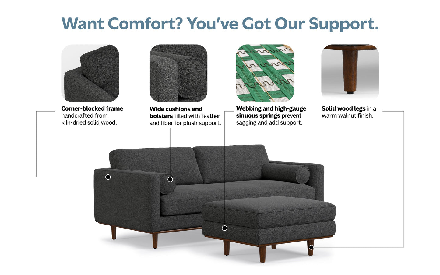 Charcoal Grey Woven-Blend Fabric | Morrison 89-inch Sofa and Ottoman Set