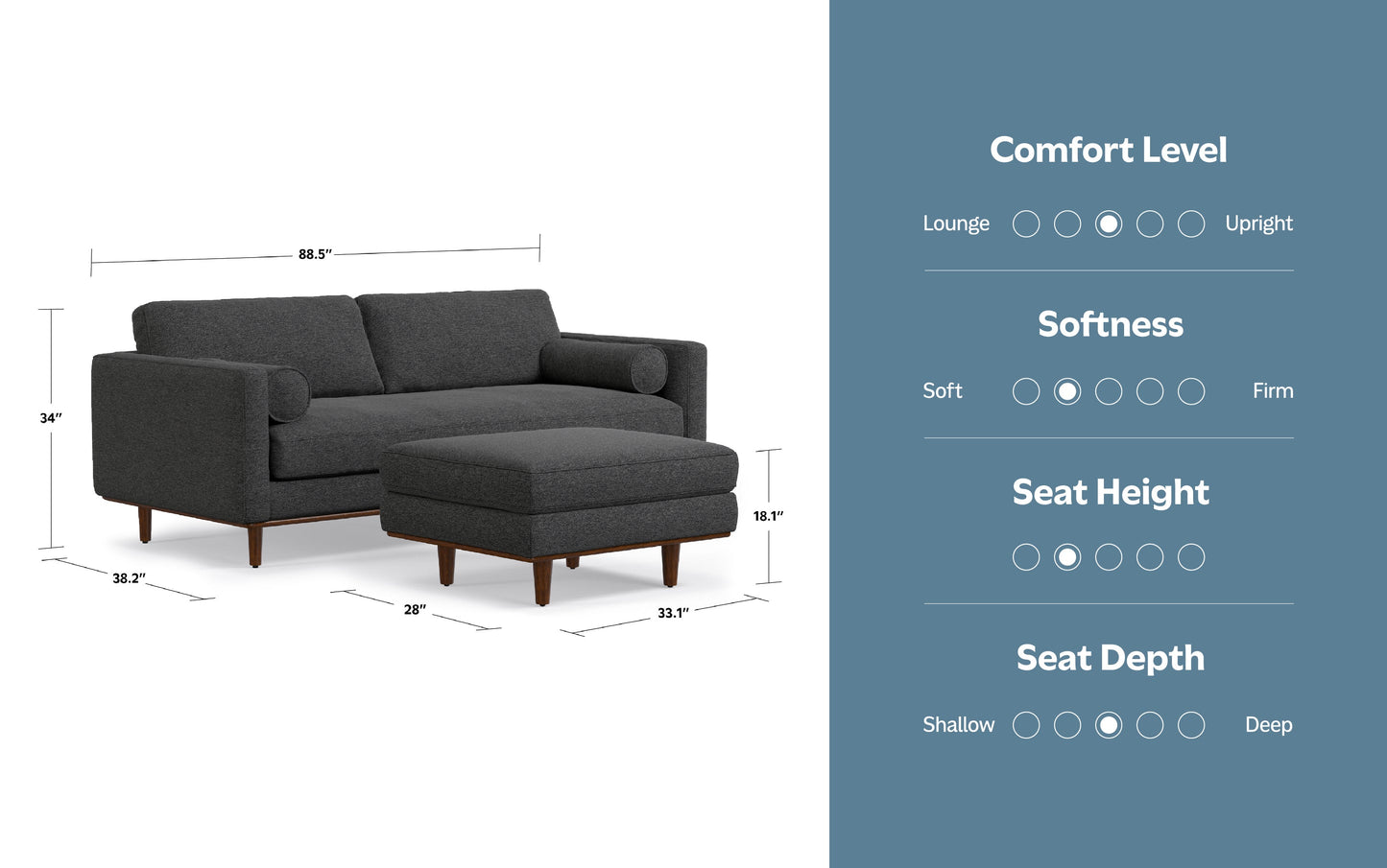 Charcoal Grey Woven-Blend Fabric | Morrison 89-inch Sofa and Ottoman Set