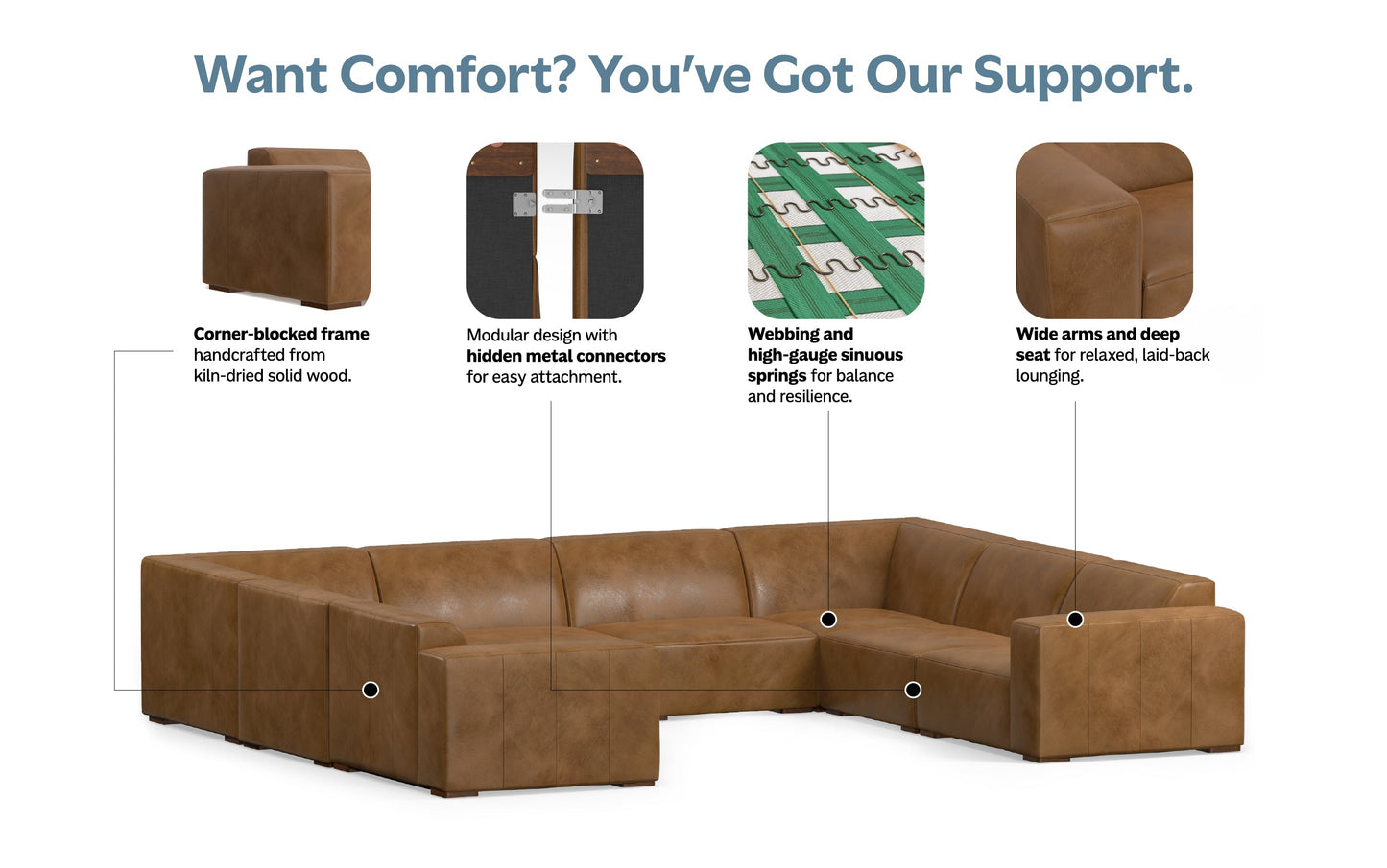 Caramel Brown Genuine Leather | Rex U-Shaped Sectional in Genuine Leather